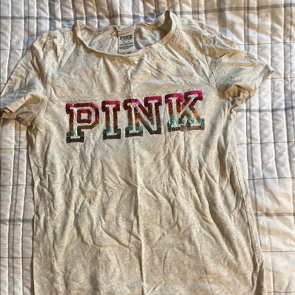 PINK Victoria's Secret Kids Sequin Logo T-Shirt - Cream